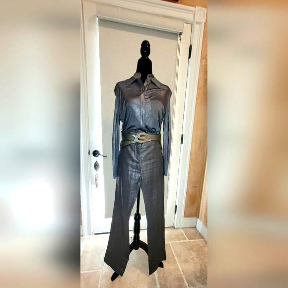 Christian Dior Pewter Metallic Long Sleeves Snap Front Blouse. Runway 2004 - Picture 1 of 10